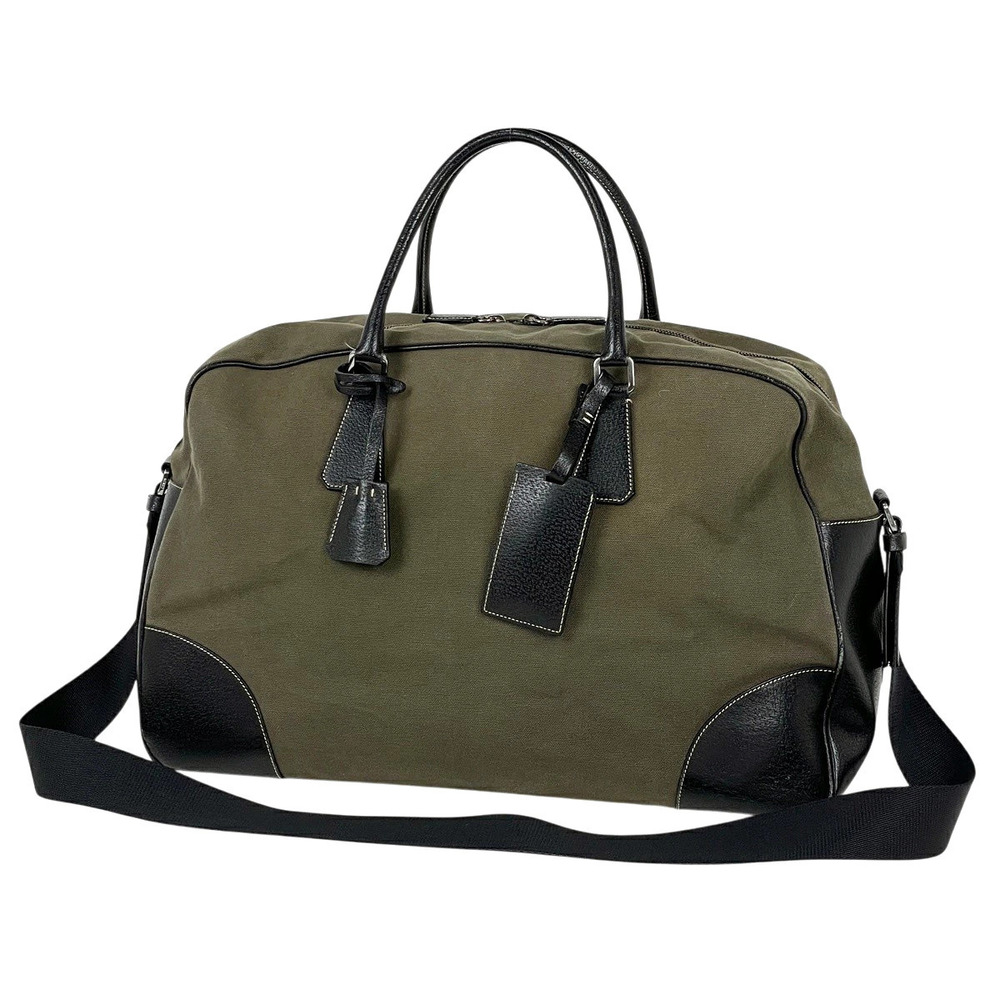 Prada plate Boston bag canvas Khaki Green black